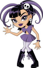 Gothic cartoon girl with skull accessories, purple outfit, pigtails, combat boots, stylish attitude, edgy fashion character vector for trendy and dark themes