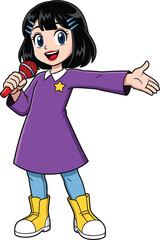 Happy cartoon girl singing with microphone, purple dress outfit, yellow boots, cheerful kid performing, blue eyes, black hair, children talent vector art illustration