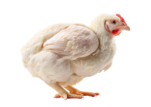 A young, plump, white chicken, facing to its right, against a black background