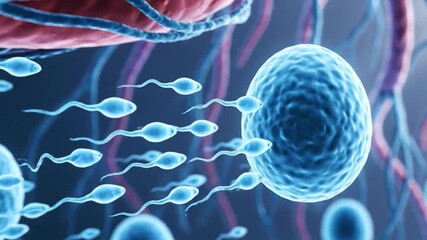 Microscopic Sperm Fertilizing Egg in Blue Tones Animated Close Up View Emphasizing Biological Precision for Medical and Reproductive Education with Detailed Cellular Structures and Scientific - Powered by Adobe