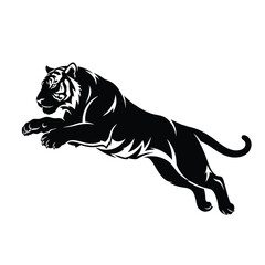 Obraz premium A stylized black tiger leaping forward, showcasing power and agility against a white background.
