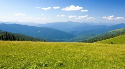 Obraz premium A serene landscape featuring lush green grass, rolling hills, and distant blue mountains under a clear sky, This image is ideal for nature-related projects, travel brochures, and outdoor activities,