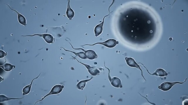 Microscopic View of Human Sperm Cells Swimming Towards an Egg Cell in Clear Fluid Displaying Active and Directed Movement Suitable for Fertility and Reproduction Concepts