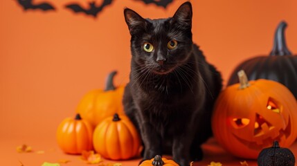 A charming black cat against a bright Halloweenthemed orange background, ideal for festive designs