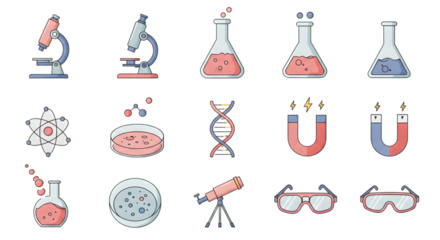 Science Icons Set with Microscopes and Lab Equipment -  Laboratory Science Icons Set with DNA and Magnets