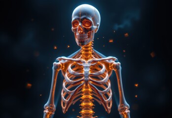 a dramatic concept of a human skeleton with glowing cracks and fragile bones illustrating calcium deficiency effects on skeletal health