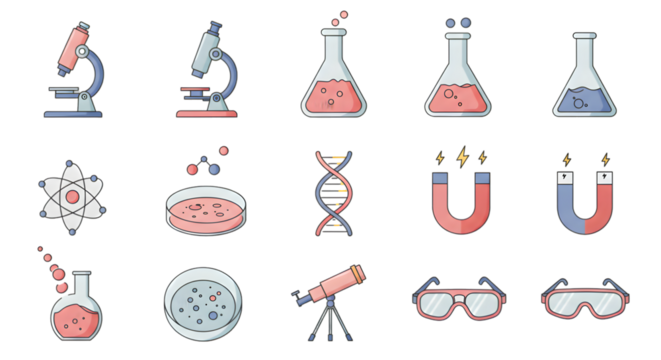 Science Icons Set with Microscopes and Lab Equipment - Laboratory Science Icons Set with DNA and Magnets