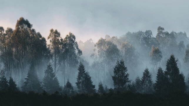 Misty Forest Landscape with Tall Eucalyptus Trees and Dense Fog at Sunrise in Natural Environment of Tranquility - Powered by Adobe