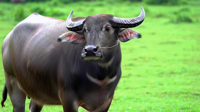 Majestic Water Buffalo with Large Horns Standing in a Vibrant Green Field, Symbolizing Rural Farm Life and Asian Agriculture