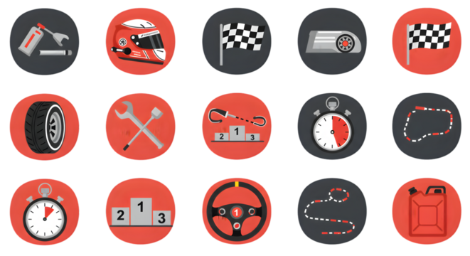 Racing Icons Set with Cars, Helmets, and Track Layouts - formula one