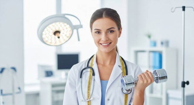 Young Female Medical Professional Holding Dumbbell in Hospital with Bright Lighting