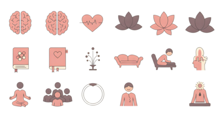 Wellness Icons Set with Brain and Heart Symbols - Health and Wellness Icons Set with Meditation and Fitness