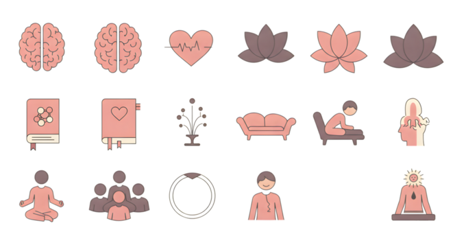 Wellness Icons Set with Brain and Heart Symbols - Health and Wellness Icons Set with Meditation and Fitness