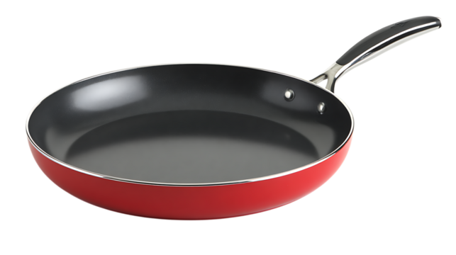 Modern red round frying pan with glossy finish, flat cooking base, durable metal construction, product displayed against clean white backdrop 