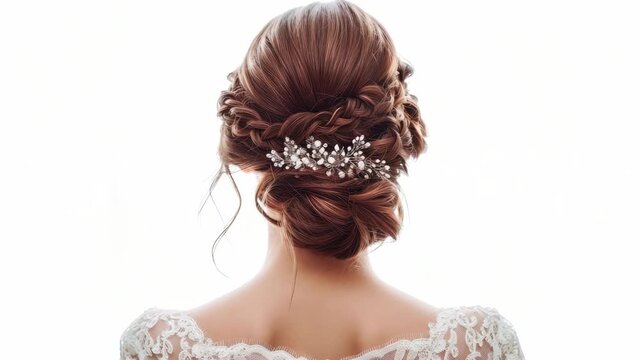 Elegant bridal hairstyle tutorial featuring intricate braids and floral accessories created in a bright studio setting