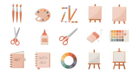 Art Supplies Icons Set with Paint and Brushes - Art and Craft Icons Set with School Supplies