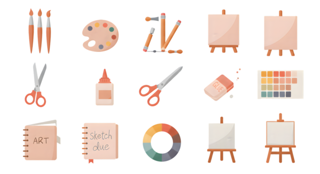Art Supplies Icons Set with Paint and Brushes - Art and Craft Icons Set with School Supplies