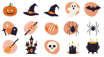 Halloween Icons Set with Witch Hats and Skulls - Halloween Icons Set with Spooky Decorations