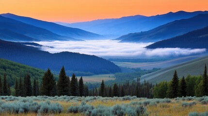 A stunning panoramic view of a valley enveloped in early morning mist, with layered mountains creating a serene backdrop, Ideal for travel brochures, nature websites, or desktop wallpapers,