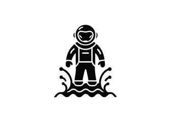 Vector art of astronaut in space suit standing in water with splashes, icon symbol