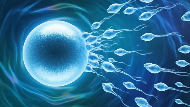 Microscopic Visualization of Sperm Fertilizing Egg Cell in Blue Tones Illustrating the Beginning of Life and Biological Processes with Detailed Cellular Structures and Swirling Background