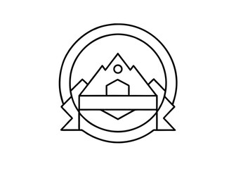 Vector art of circular emblem featuring a mountain peak, banner, and ribbon elements