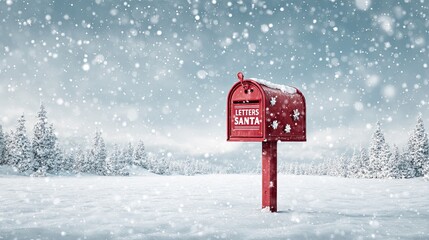 Red mailbox for letters to Santa standing in snowy winter forest with falling snowflakes Christmas mood