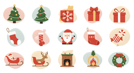 Christmas Icons Set with Santa and Reindeer - Christmas Icons Set with Gifts and Decorations