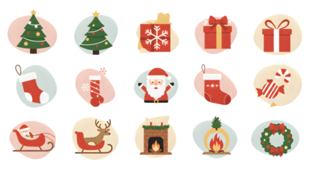Christmas Icons Set with Santa and Reindeer - Christmas Icons Set with Gifts and Decorations