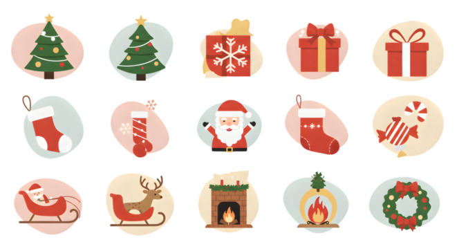 Christmas Icons Set with Santa and Reindeer - Christmas Icons Set with Gifts and Decorations