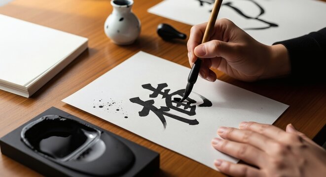 Japanese Calligraphy Art A Hand Paints Intricate Characters with Brush and Ink