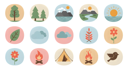 Nature Icons Set with Trees, Mountains, and Wildlife - Nature and Camping Icons Set with Outdoor Elements