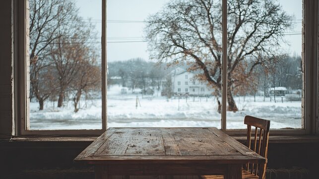 Rustic wooden table by window with winter snow landscape countryside view cozy vintage atmosphere