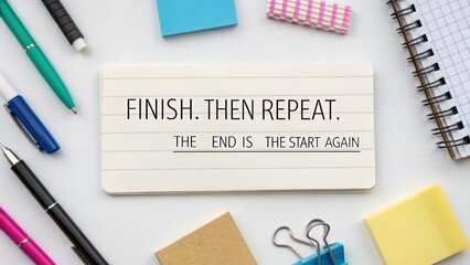 Inspirational desk quote on card surrounded by stationery items