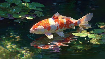 Koi fish swimming in a pond with water lilies, sunlit reflection
