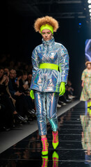 Fototapeta premium A striking model showcases a dazzling futuristic iridescent outfit with vibrant neon accents on a dark fashion runway, embodying modern style and bold design.