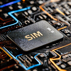 Close-up of SIM card chip on electronic circuit board with glowing connections.