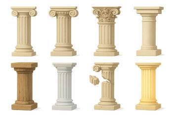 Collection of classical greek and roman architectural columns in diverse styles
