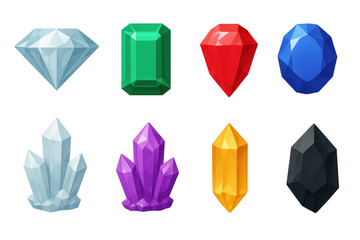 Colorful geometric gemstones on dark background: vibrant crystal collection