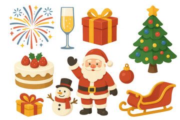 Fototapeta premium Festive christmas elements: santa, gifts, tree, and decor in warm cartoon style