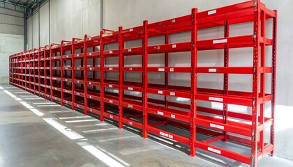 Red metal shelving units in warehouse