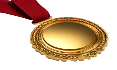 Gold Medal with Red Ribbon for Certification Achievement Isolate on Transparent Background, cutout, png
