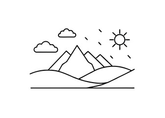 Vector art of stylized line art illustration of a mountain range under a sunny sky with clouds, representing nature and outdoor adventure