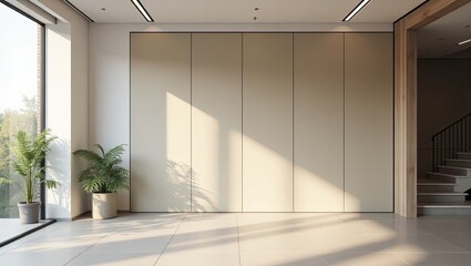 Fototapeta premium Modern interior hallway with natural light and plants.