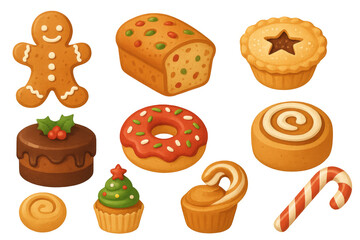 Festive holiday treats collection with gingerbread, donut, and festive cupcakes in a warm palette