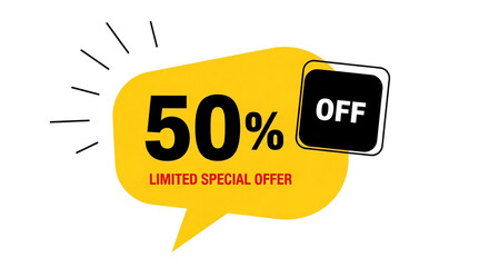 A bright yellow and black "50% Off" limited special offer tag a perfect graphic for creating a sense of urgency in any retail or e-commerce discount promotion
