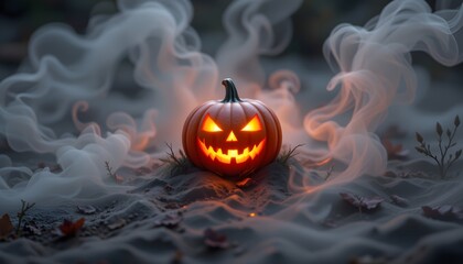 a glowing jack o' lantern crown in a circle of mist.
