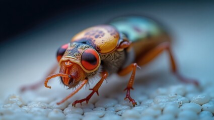 Close-up of a colorful beetle on a textured surface.