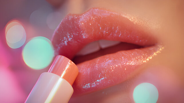Lip balm packaging beauty. Model applying gloss paint lipstick on the lip. Pink lips with glittering lip gloss application lip enhancement balm. Close up of a woman applying lipstick