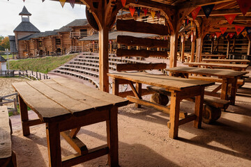 Rustic outdoor tavern at a medieval festival.